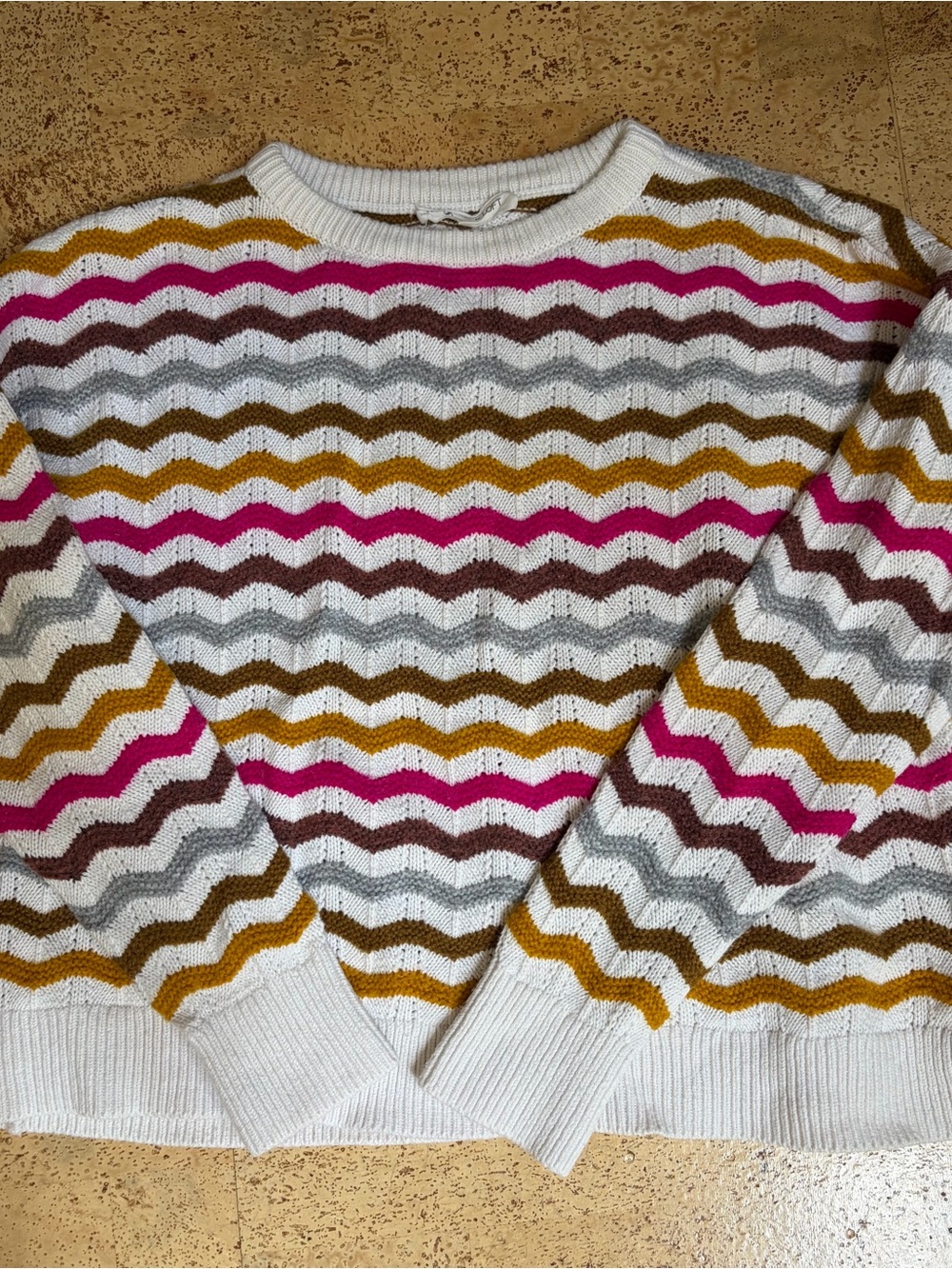 LOFT White Chevron Stripe Crewneck Sweater with Pink, Mustard, Gray, Brown